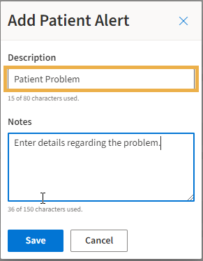 Add Patient Alert with yellow highlight box around the Description.